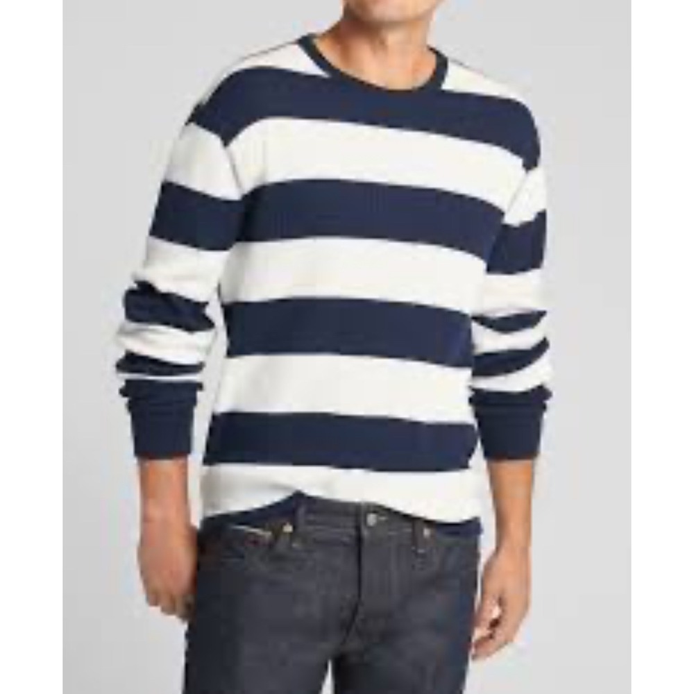 GAP Men's Long Sleeve Striped Waffle Knit Crewneck‎ Top XL Navy White